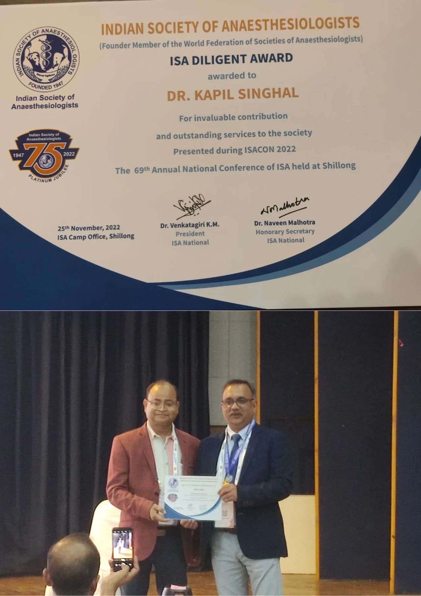 ISA UP State - Achievement National ISA Diligent Award - Dr Kapil Singhal, President-ISA Noida